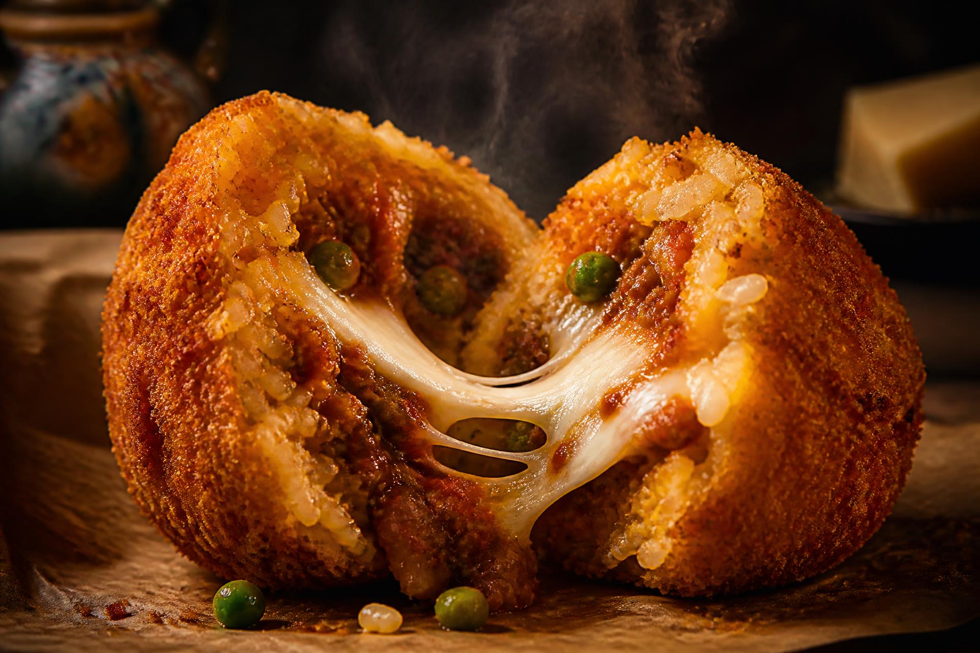 Handmade Sicilian arancini broken open to reveal meat, sauce, peas and melted cheese